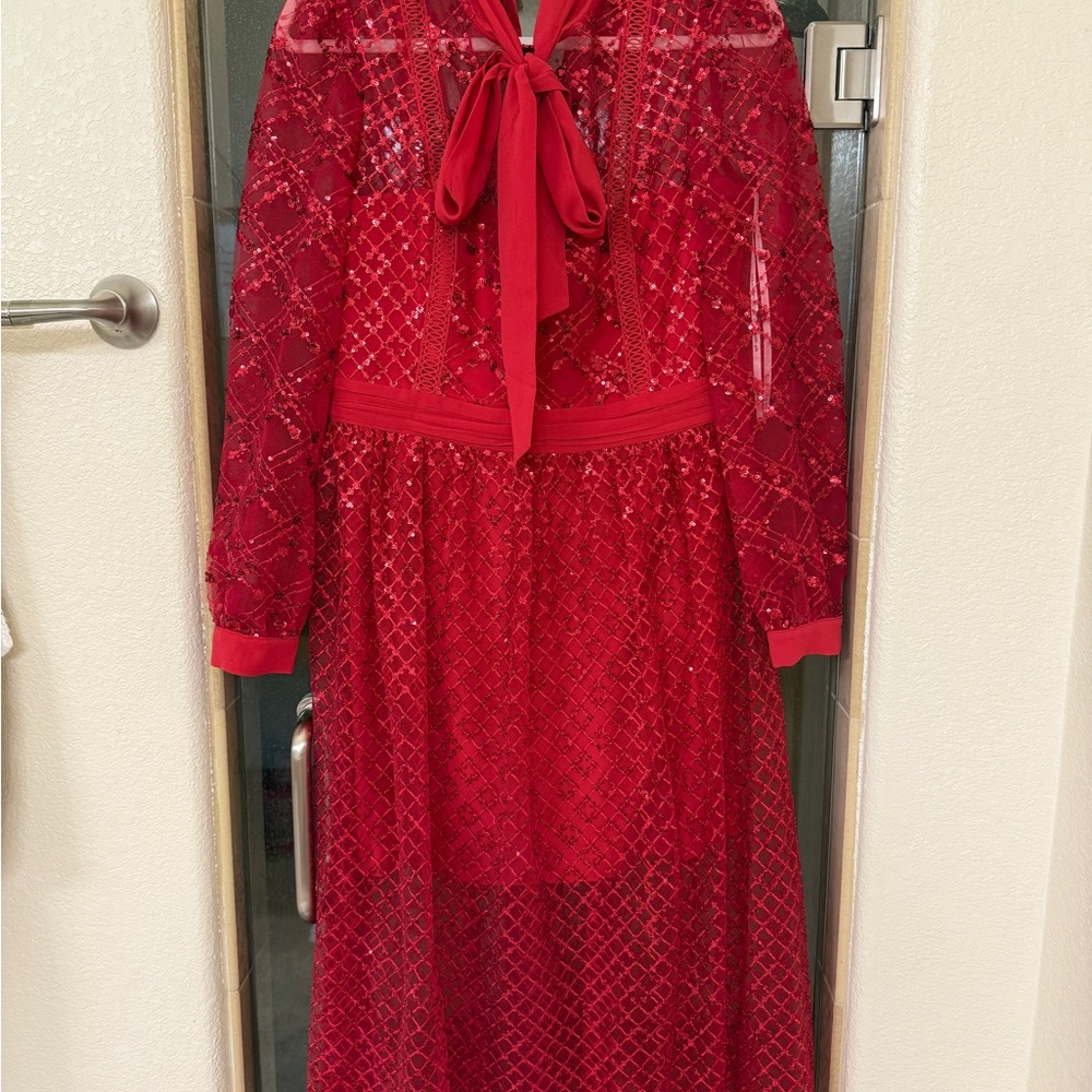 Self-Portrait Red Long Sleeve Lace Dress